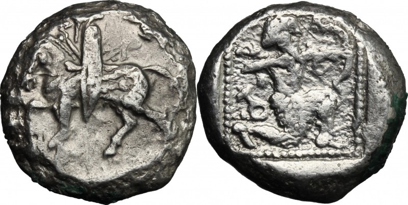 Greek Asia. Cilicia, Tarsos. AR Stater, 410 BC. D/ Horseman left. R/ Archer knee...