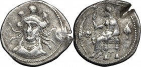 Greek Asia. Cilicia, Tarsos. AR Stater, 327-319 BC. D/ Bust of Athena facing three-quarter to left, draped, wearing triple-crested helmet. R/ Baaltars...