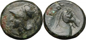 Anonymous. AE Half Unit, Neapolis mint(?), after 276 BC. D/ Head of Minerva left, helmeted. R/ Bridled horse's head right; in left field, ROMANO (upwa...
