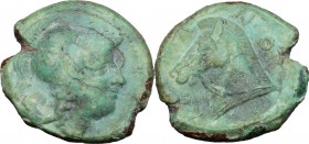 AE Half Unit, Neapolis mint, after 276 BC. D/ Head of Minerva right, helmeted. R/ Horse's head left. Cr. 17/1f. AE. g. 4.58 mm. 19.00 R. Enchanting gr...