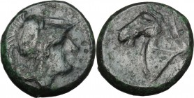 AE Half unit, after 276 BC. D/ Head of Minerva right, helmeted. R/ Horse's head left; behind, ROMANO retrograde. Cr. 17/1i. HN Italy 278. AE. g. 5.39 ...