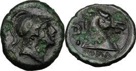 Anonymous. AE Litra, 241-235 BC. D/ Head of Mars right, helmeted. R/ Head of horse right; behind, sickle. Cr. 25/3. AE. g. 2.61 mm. 16.00 Dark green p...
