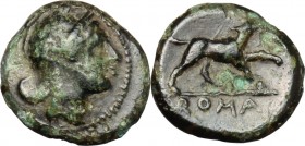 Anonymous. AE Half Litra, c. 234-231 BC. D/ Head of Roma right, wearing Phrygian helmet. R/ Dog right. Cr. 26/4. HN Italy 309. AE. g. 1.41 mm. 12.00 G...