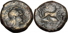Anonymous. AE Half Litra, c. 234-231 BC. D/ Head of Roma right, wearing Phrygian helmet. R/ Dog right. Cr. 26/4. HN Italy 309. AE. g. 2.07 mm. 12.00 B...