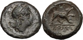 Anonymous. AE Half Litra, c. 234-231 BC. D/ Head of Roma right, wearing Phrygian helmet. R/ Dog right. Cr. 26/4. HN Italy 309. AE. g. 1.63 mm. 13.00 A...