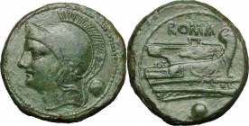Semilibral series. AE Uncia, 217-215 BC. D/ Head of Roma left, helmeted; behind, pellet. R/ Prow right; below, pellet. Cr. 38/6. AE. g. 11.85 mm. 24.0...