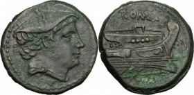 Anonymous semilibral series. AE Semuncia, 217-215 BC. D/ Head of Mercury right, wearing winged petasus. R/ Prow right. Cr. 38/7. AE. g. 6.22 mm. 20.50...
