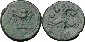 Anomalous Semilibral series. AE Sextans, 217-215 BC. D/ She-wolf standing right, suckling twins, head turned to them; in exergue, two pellets. R/ Eagl...