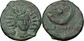 Anonymous. AE Uncia, 217-215 BC. D/ Bust of Sol facing, radiate, draped; to left, pellet. R/ Crescent; above, two stars and pellet. Cr. 39/4. AE. g. 1...