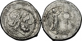 Anonymous. AR Victoriatus, from 211 BC. D/ Laureate head of Jupiter right. R/ Victory right, crowning trophy; in exergue, ROMA. Cr. 44/1. AR. g. 3.37 ...