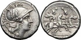 Anonymous issue. AR Denarius, after 211 BC. D/ Helmeted head of Roma right. R/ Dioscuri galloping right. Cr. 53/2. AR. g. 4.44 mm. 17.00 Prettily tone...
