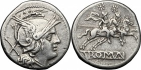 Anonymous. AR Denarius, Sicily mint, 211-208 BC. D/ Head of Roma right, helmeted. R/ Dioscuri galloping right. Cr. 68/1b. AR. g. 4.53 mm. 19.00 An exc...