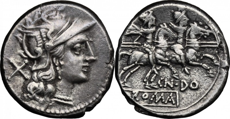 Cn. Domitius Ahenobarbus. AR Denarius, 189-180 BC. D/ Head of Roma right, helmet...