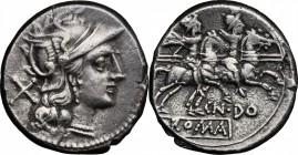 Cn. Domitius Ahenobarbus. AR Denarius, 189-180 BC. D/ Head of Roma right, helmeted. R/ Dioscuri galloping right. Cr. 147/1. B.1. AR. g. 3.75 mm. 18.00...