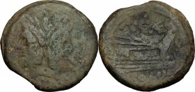 A. Caecilius. AE As, c. 169-158 BC. D/ Laurate head of Janus; above, I. R/ Prow right; before, I. Cr. 174/1. AE. g. 29.15 mm. 32.50 Earthen green brow...