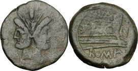 L. Cornelius Cinna. AE As, 169-158 BC. D/ Head of Janus, laureate. R/ Prow right. Cr. 178/1. AE. g. 23.96 mm. 33.00 Olive-green patina. About VF.