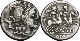 C. Antestius. AR Denarius, 146 BC. D/ Helmeted head of Roma right; behind, dog walking upwards; X below chin. R/ Dioscuri on horseback riding right; b...