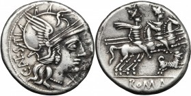 C. Antestius. AR Denarius, 146 BC. D/ Head of Roma right, helmeted. R/ Dioscuri galloping right; below, dog. Cr. 219/1e. AR. g. 3.81 mm. 19.00 Partly ...
