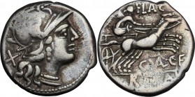 C. Valerius Flaccus. AR Denarius, 140 BC. D/ Head of Roma right, helmeted. R/ Victoria in biga right, holding reins and whip. Cr. 228/2. AR. g. 3.92 m...