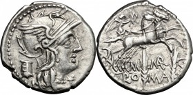 M. Marcius Mn. f. AR Denarius, 134 BC. D/ Head of Roma right, helmeted; behind, modius. R/ Victoria in biga right, holding reins and whip; below, corn...