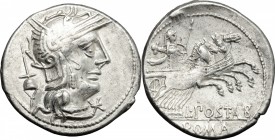 L. Postumius Albinus. AR Denarius, 131 BC. D/ Head of Roma right, helmeted; behind, apex. R/ Mars in quadriga right, holding spear, shield, reins and ...