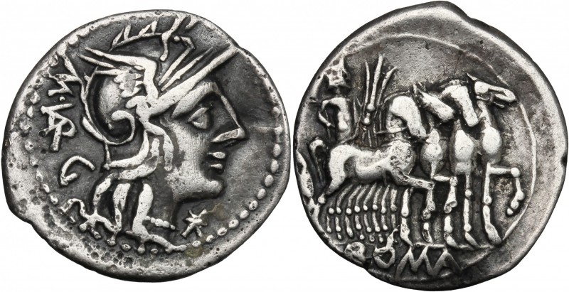 M. Vargunteius. AR Denarius, 130 BC. D/ Head of Roma right, helmeted. R/ Jupiter...