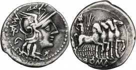 M. Vargunteius. AR Denarius, 130 BC. D/ Head of Roma right, helmeted. R/ Jupiter in quadriga right, holding reins, thunderbolt and branch. Cr. 257/1. ...