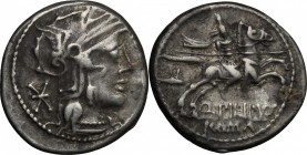 Q. Marcius Philippus. AR Denarius, 129 BC. D/ Head of Roma right, helmeted. R/ Horseman right, holding spear; behind, helmet with goat's horns. Cr. 25...