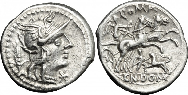 Cn. Domitius. AR Denarius, 128 BC. D/ Head of Roma right, helmeted; behind, corn...