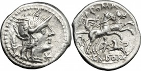 Cn. Domitius. AR Denarius, 128 BC. D/ Head of Roma right, helmeted; behind, corn-ear. R/ Victoria in biga right, holding reins and whip; below, man fi...