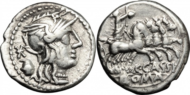 C. Cassius. AR Denarius, 126 BC. D/ Head of Roma right, helmeted; behind, amphor...