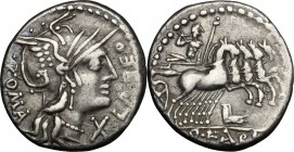 Q. Fabius Labeo. AR Denarius, 124 BC. D/ Head of Roma right, helmeted. R/ Jupiter in quadriga right, holding sceptre and reins and hurling thunderbolt...