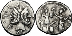 M. Furius L.f. Philus. AR Denarius, 119 BC. D/ M. FOVRI. L. F. Laureate head of Janus. R/ Roma standing left erecting trophy; to right, ROMA; in exerg...