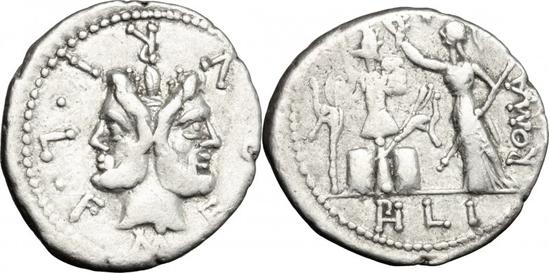 M. Furius L. f. Philus. AR Denarius, 119 BC. D/ Head of Janus, laureate, surroun...