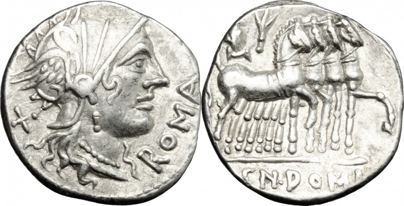 Cn. Domitius Ahenobarbus. AR Denarius, 116-115 BC. D/ Helmeted head of Roma righ...