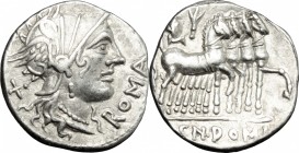 Cn. Domitius Ahenobarbus. AR Denarius, 116-115 BC. D/ Helmeted head of Roma right; behind, X; before, ROMA. R/ Jupiter in quadriga right, holding thun...