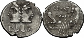 C. Fonteius. AR Denarius, 114-113 BC. D/ Janiform head of Dioscuri, laureate; on left, D and on right, X. R/ Galley with pilot and three rowers left. ...