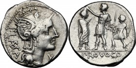 P. Laeca. AR Denarius, circa 110-109 BC. D/ Helmeted head of Roma right. Above, ROMA. Behind, P. LAECA. R/ Roman warrior standing left, placing his ha...