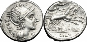 L. Flaminius Chilo. AR Denarius, 109-108 BC. D/ Head of Roma right, helmeted. R/ Victoria in biga right, holding reins and wreath. Cr. 302/1. AR. g. 3...