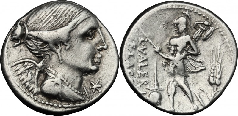 L. Valerius Flaccus. AR Denarius, 108-107 BC. D/ Draped bust of Victory right; b...