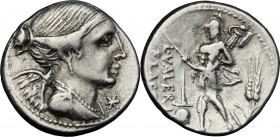 L. Valerius Flaccus. AR Denarius, 108-107 BC. D/ Draped bust of Victory right; below chin, X. R/ L. VALERI/FLACCI. Mars walking left, holding spear an...