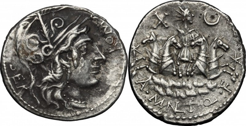 A. Manlius Q.f. Sergianus. AR Denarius, circa 118-107 BC. D/ Helmeted head of Ro...