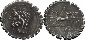 L. Cornelius Scipio Asiagenus. AR Denarius serratus, 106 BC. D/ Head of Jupiter left, laureate. R/ Jupiter in quadriga right, holding sceptre and rein...