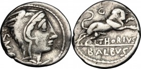 L. Thorius Balbus. AR Denarius, 105 BC. D/ Head of Juno Sospita right, wearing goat-skin. R/ Bull charging right. Cr. 316/1. AR. g. 3.93 mm. 19.00 Sli...
