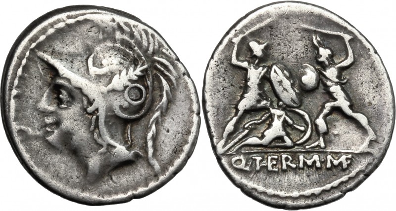 Q. Minucius Thermus. AR Denarius, 103 BC. D/ Head of Mars left, helmeted. R/ Rom...