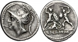 Q. Minucius Thermus. AR Denarius, 103 BC. D/ Head of Mars left, helmeted. R/ Roman soldier fighting barbarian soldier in protection of a fallen comrad...