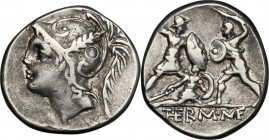 Q. Minucius Thermus. AR Denarius, 103 BC. D/ Head of Mars left, helmeted. R/ Roman soldier fighting barbarian soldier in protection of a fallen comrad...