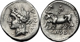 L. Cassius Caecianus. AR Denarius, 102 BC. D/ Draped bust of Ceres left, wearing barley-wreath; behind, CAEICIAN and E and dot. R/ Yoke of oxen; above...
