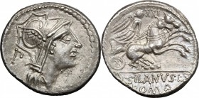 D. Junius Silanus L. f. AR Denarius, 91 BC. D/ Head of Roma right, helmeted. R/ Victory in biga right, holding reins. Cr. 337/3. AR. g. 4.02 mm. 19.00...