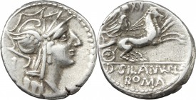 D. Junius Silanus. AR Denarius, 91 BC. D/ Head of Roma right, helmeted. R/ Victory in biga right, holding reins. Cr. 337/3. B.(Iunia) 8. AR. g. 3.97 m...